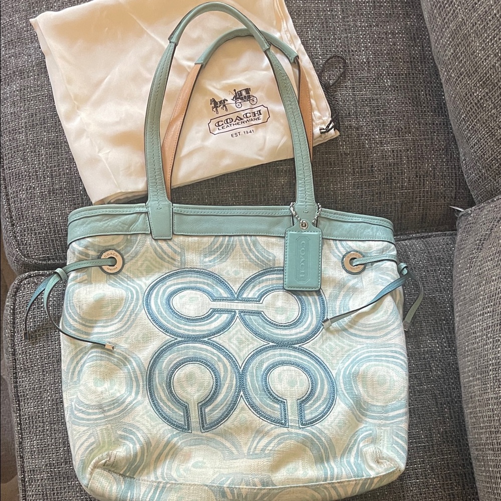 Coach Aqua and Cream Patterned Tote